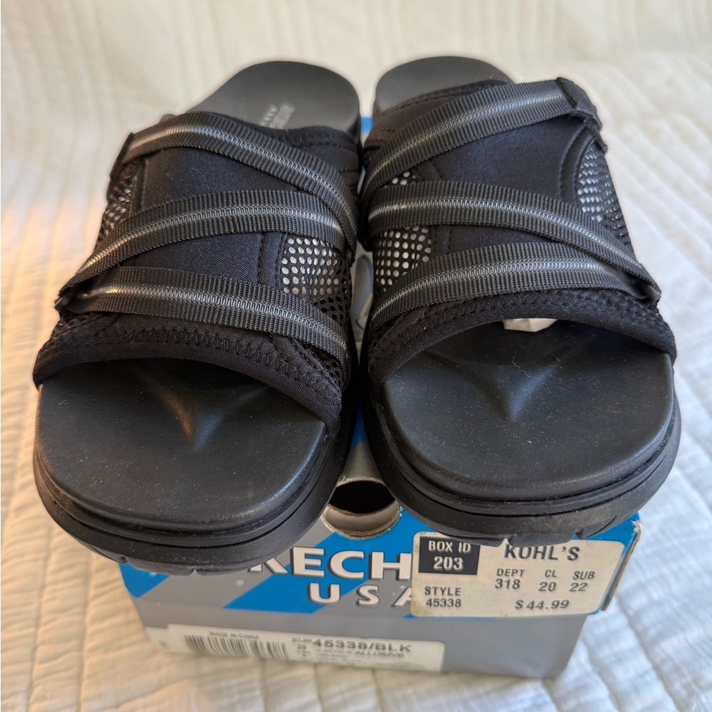 Skechers USA Allusive Black Slide Sandals with Crisscross Straps